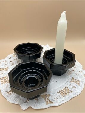 Vintage Luminarc Octime Black Glass Octagonal Candlestick Holders - Set of 3